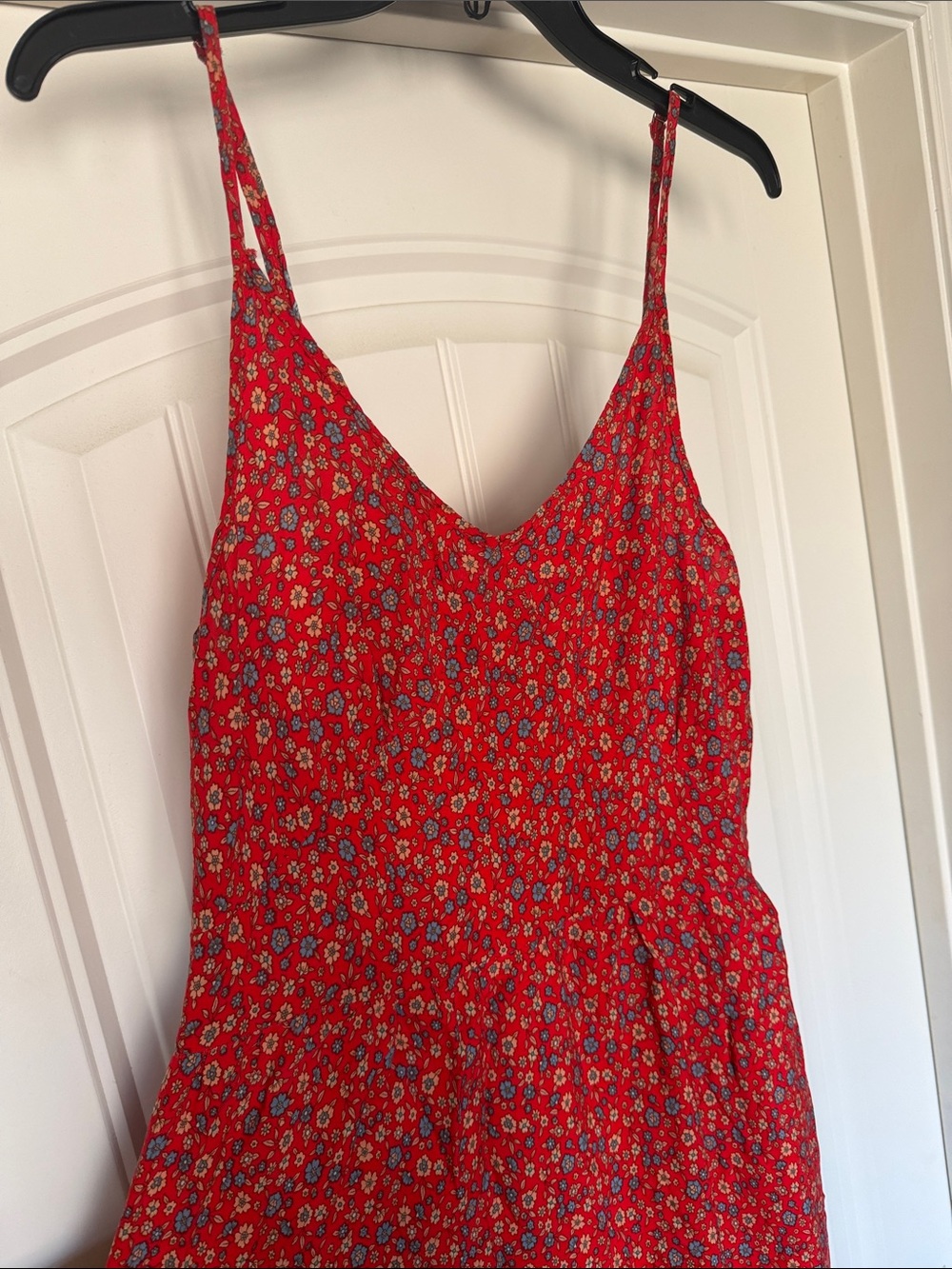 Red Floral Maxi Dress with Spaghetti Straps and Border Hem